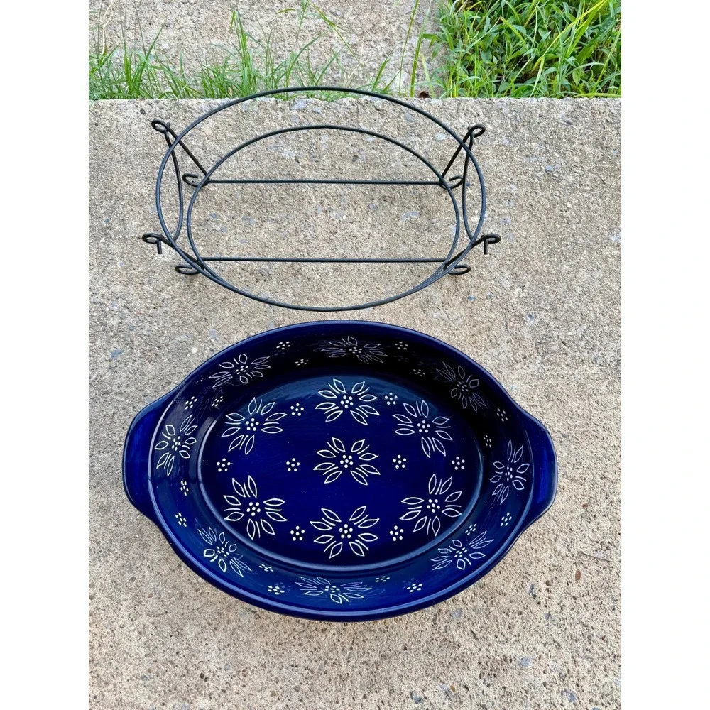 Temp-tations by Tara Old World Cobalt Blue 3QT Oval Baker with Wire Rack